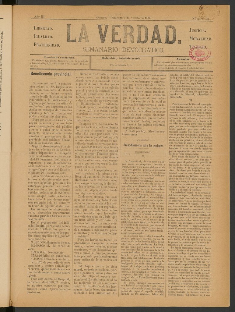 Miniatura de La Verdad (Oviedo) del 4 de agosto de 1889