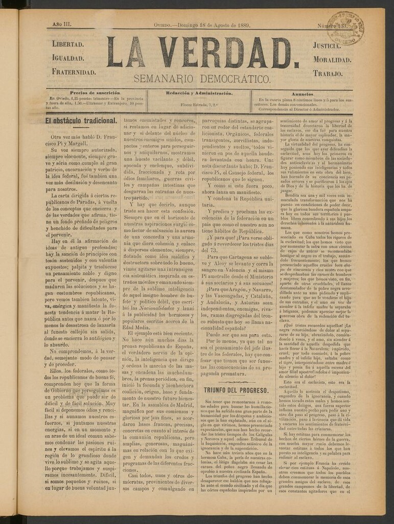 Miniatura de La Verdad (Oviedo) del 18 de agosto de 1889