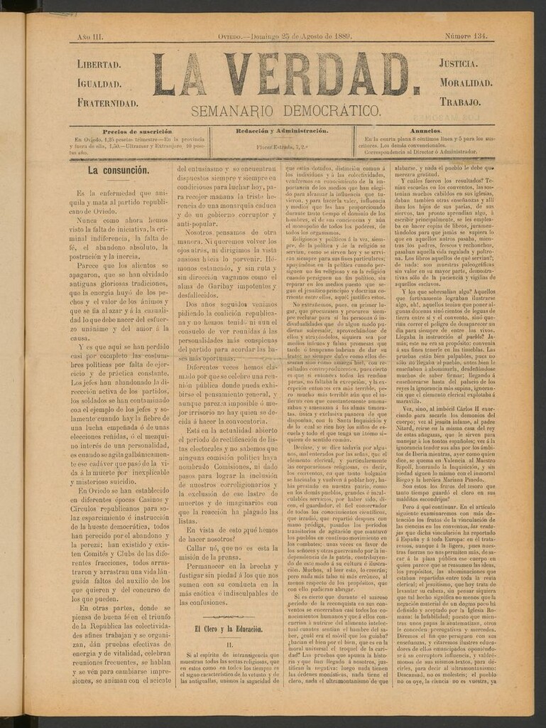 Miniatura de La Verdad (Oviedo) del 25 de agosto de 1889