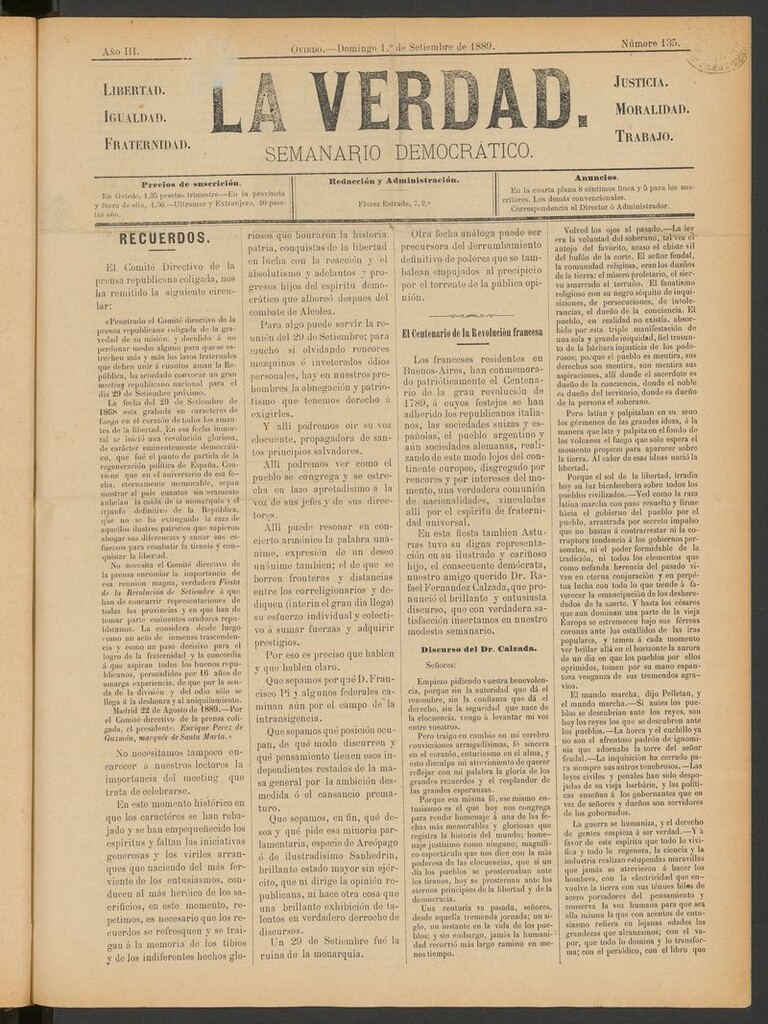 Miniatura de La Verdad (Oviedo) del 1 de septiembre de 1889