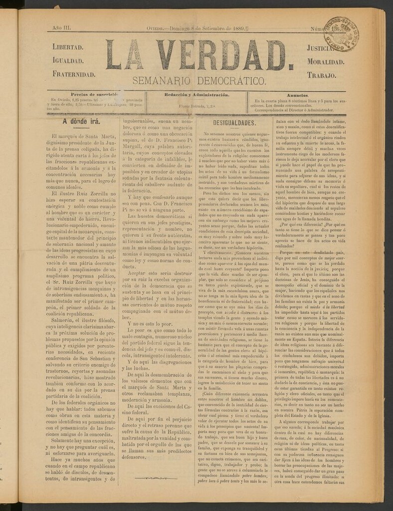Miniatura de La Verdad (Oviedo) del 8 de septiembre de 1889