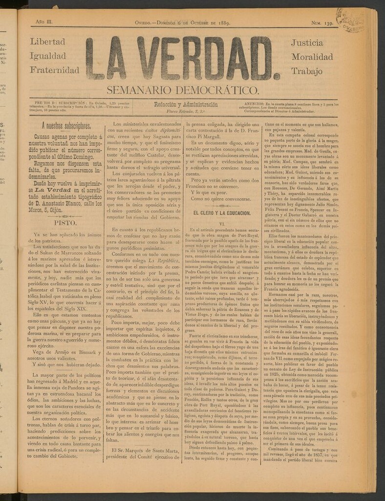 Miniatura de La Verdad (Oviedo) del 6 de octubre de 1889