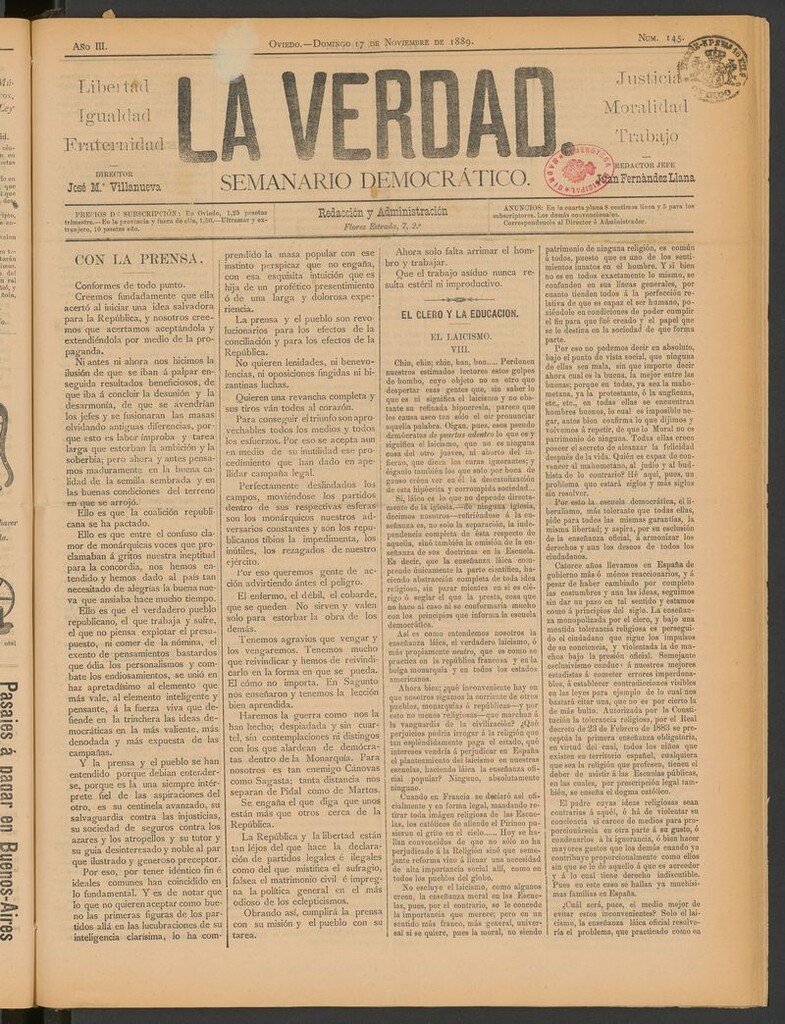 Miniatura de La Verdad (Oviedo) del 17 de noviembre de 1889