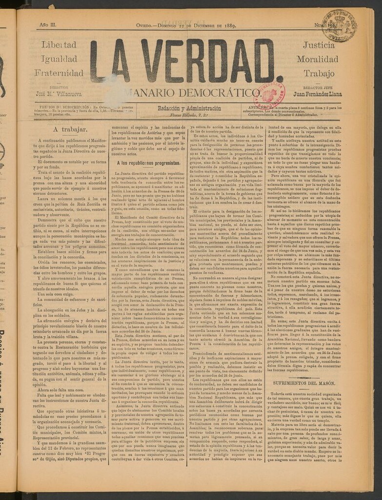 Miniatura de La Verdad (Oviedo) del 22 de diciembre de 1889