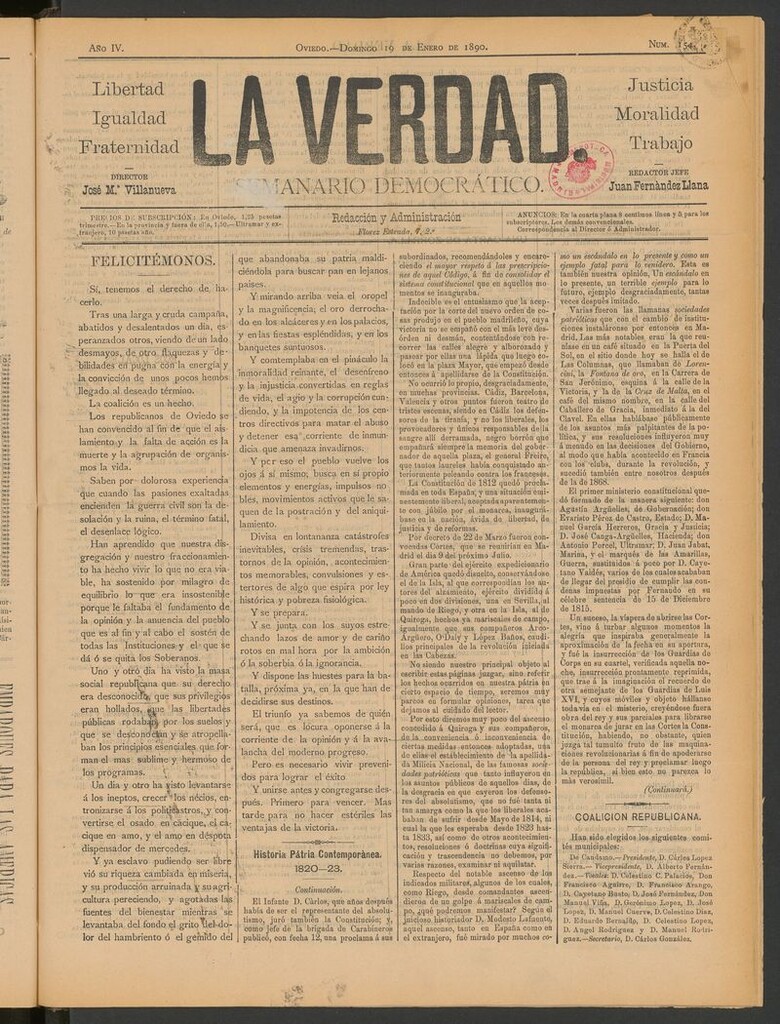 Miniatura de La Verdad (Oviedo) del 19 de enero de 1890