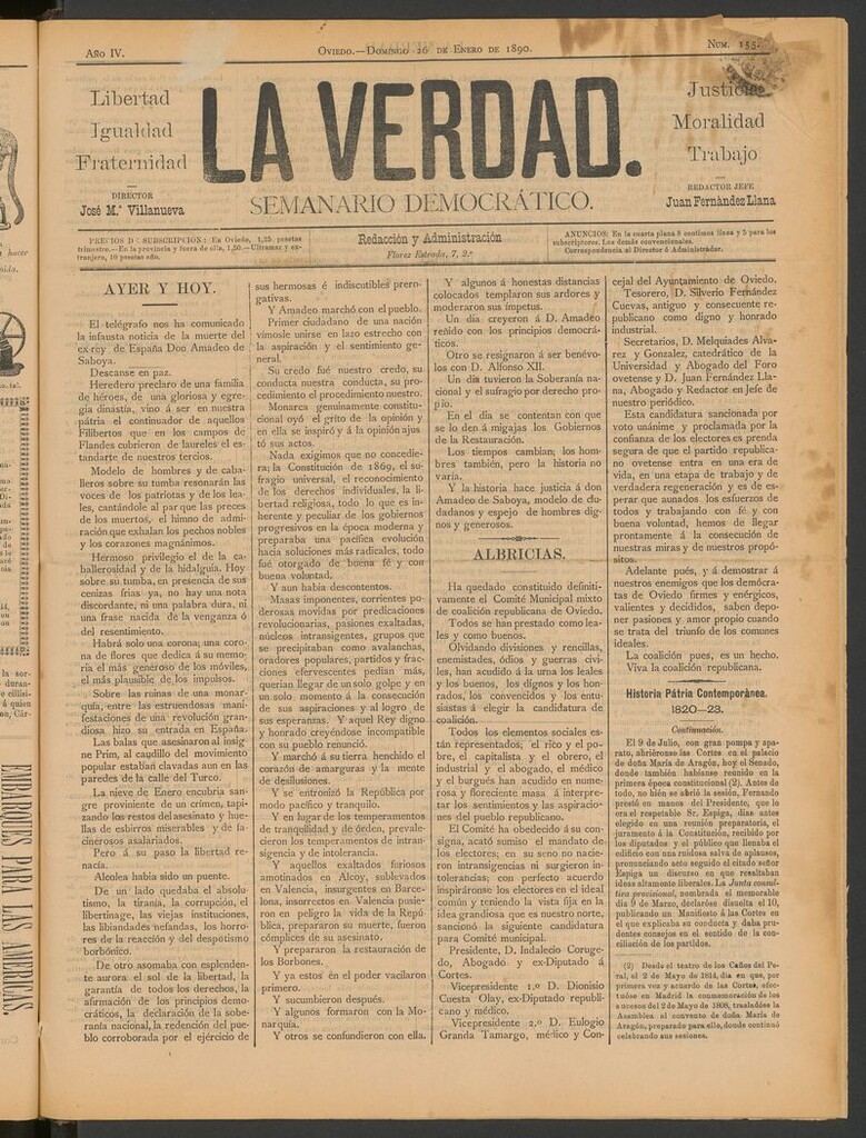 Miniatura de La Verdad (Oviedo) del 26 de enero de 1890