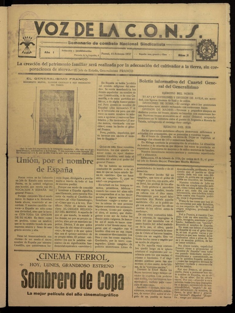 Miniatura de La voz de la C.O.N.S. Semanario de Combate del 15 de febrero de 1937