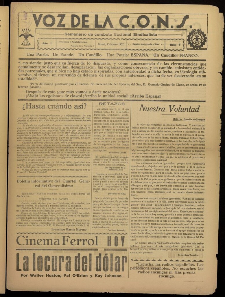 Miniatura de La voz de la C.O.N.S. Semanario de Combate del 15 de marzo de 1937