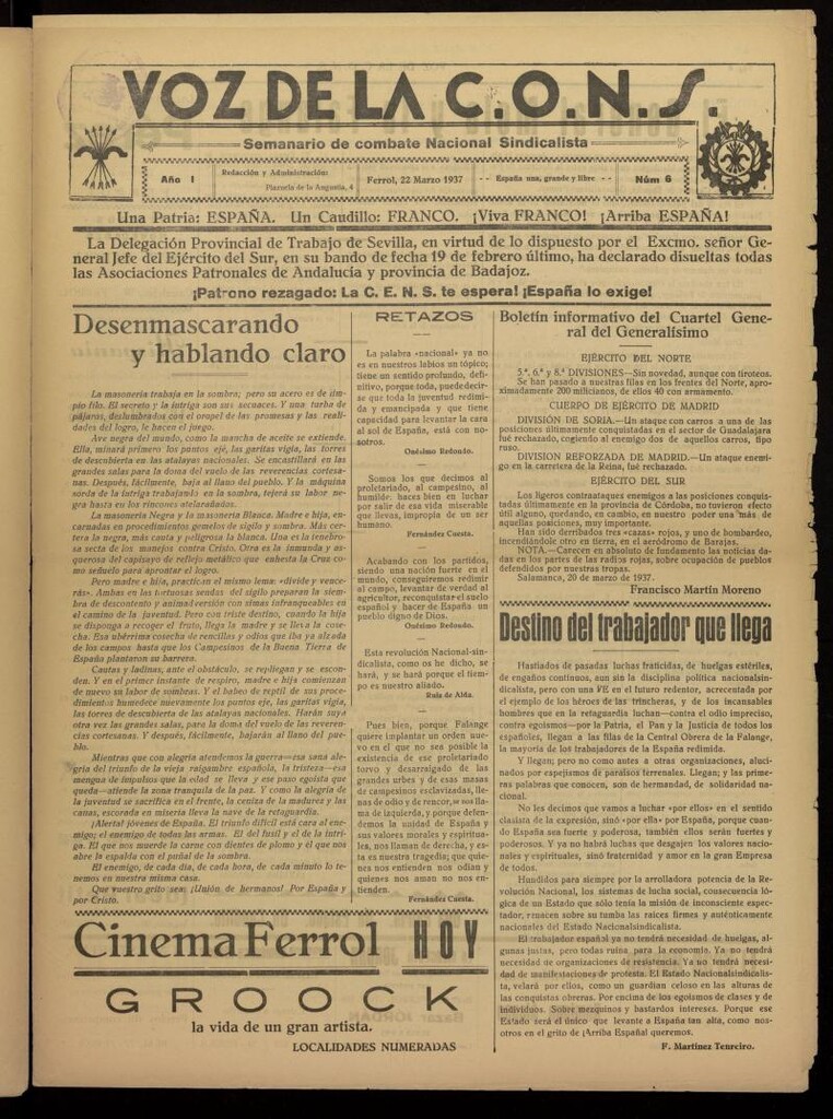 Miniatura de La voz de la C.O.N.S. Semanario de Combate del 22 de marzo de 1937