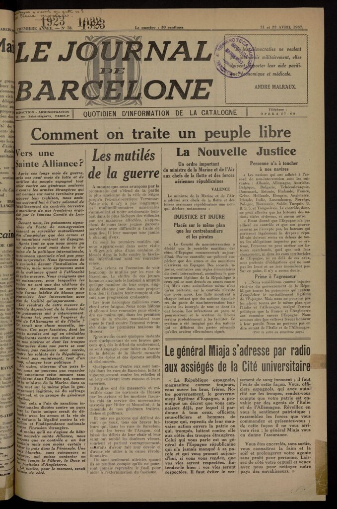 Miniatura de Le Journal de Barcelone : quotidien d´information de la Catalogne. 21 et 22 avril, 1937
