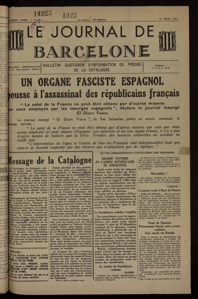 Miniatura de Le Journal de Barcelone : quotidien d´information de la Catalogne. 27 mars 1937