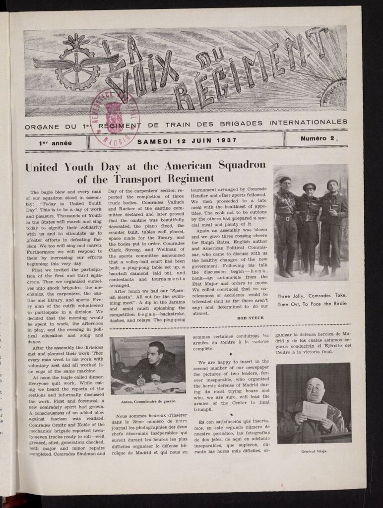 Miniatura de La Voix du Régiment. : Organe du 1º Régiment de Train des Brigades Internationales, 12 juin 1937