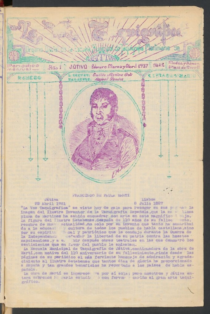 Miniatura de La Voz Taquigráfica : Periódico Mensual de Taquigrafía: Organo Oficial de la Escuela de Taquigrafía Martiniana de Játiva de febrero, marzo y abril de 1937