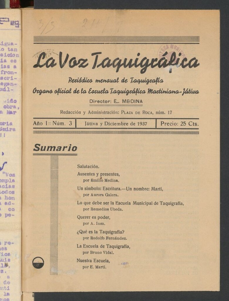 Miniatura de La Voz Taquigráfica : Periódico Mensual de Taquigrafía: Organo Oficial de la Escuela de Taquigrafía Martiniana de Játiva de diciembre de 1937