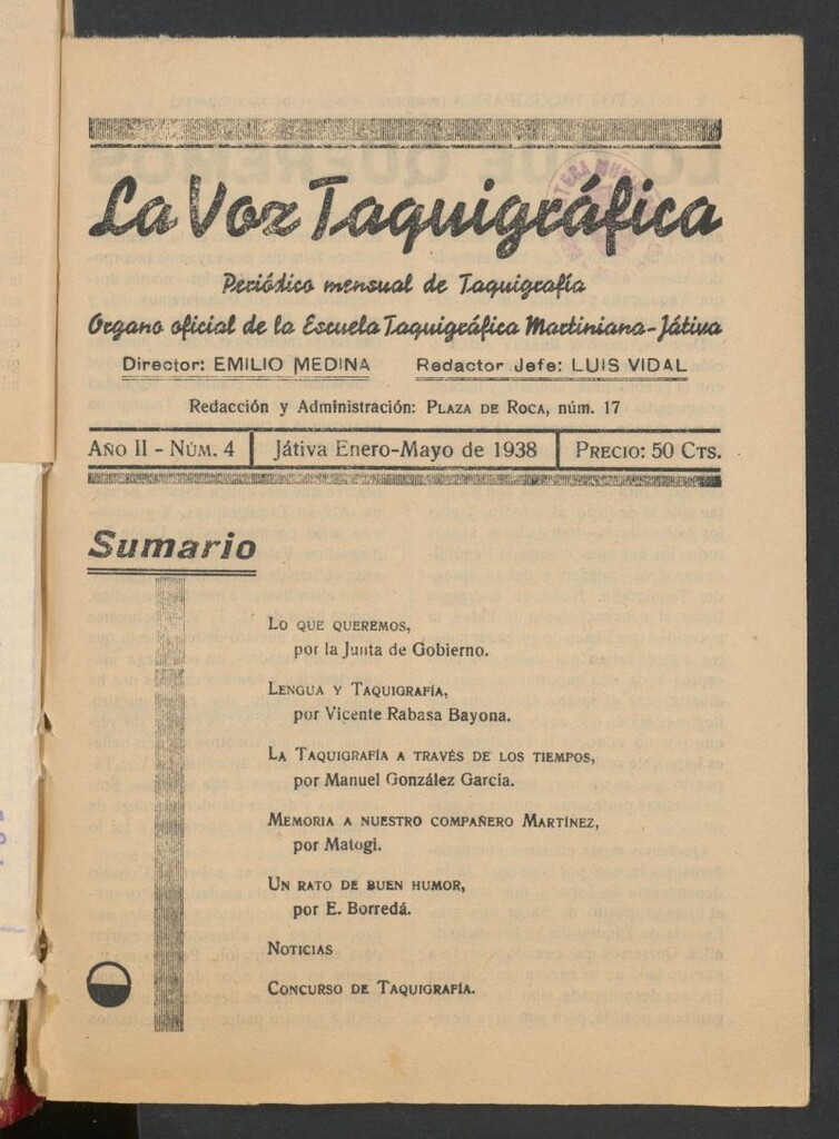 Miniatura de La Voz Taquigráfica : Periódico Mensual de Taquigrafía: Organo Oficial de la Escuela de Taquigrafía Martiniana de Játiva de enero-mayo de 1938