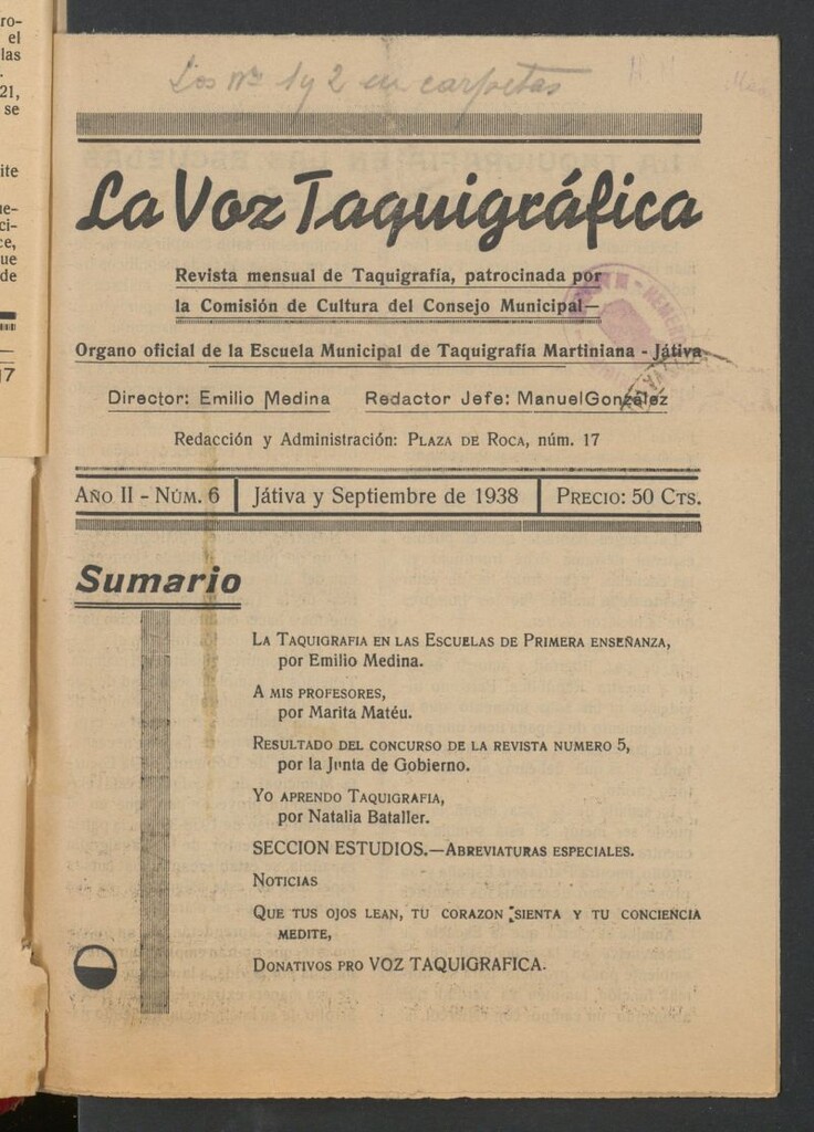 Miniatura de La Voz Taquigráfica : Periódico Mensual de Taquigrafía: Organo Oficial de la Escuela de Taquigrafía Martiniana de Játiva de septiembre de 1938