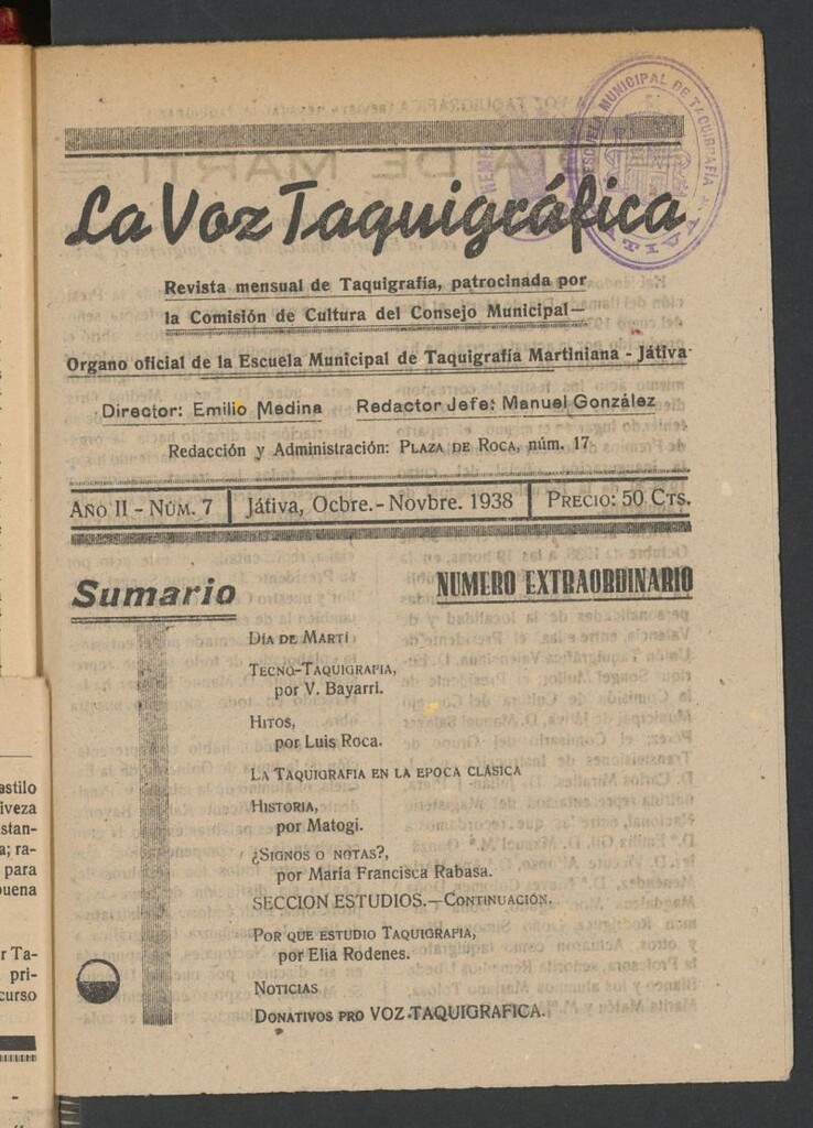 Miniatura de La Voz Taquigráfica : Periódico Mensual de Taquigrafía: Organo Oficial de la Escuela de Taquigrafía Martiniana de Játiva de octubre-noviembre de 1938