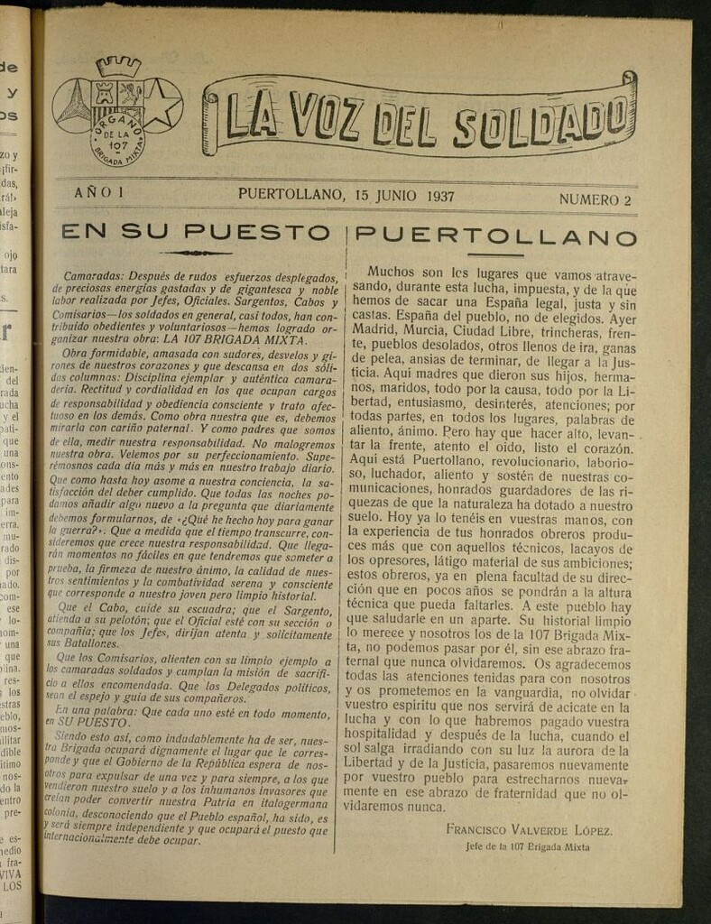 Miniatura de La Voz del Soldado : órgano de la 107 Brigada Mixta del 15 de junio de 1937