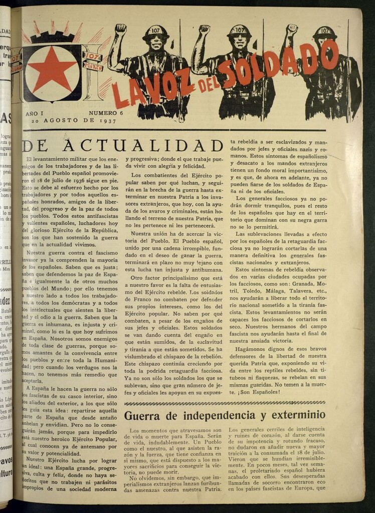 Miniatura de La Voz del Soldado : órgano de la 107 Brigada Mixta del 20 de agosto de 1937