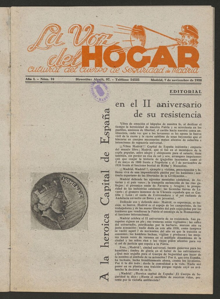 Miniatura de La Voz del Hogar : Cultural del Cuerpo de Seguridad de Madrid del 7 de noviembre de 1938