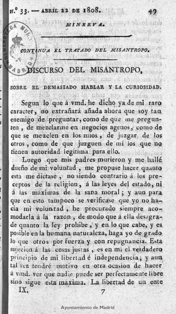 Miniatura de Minerva o el Revisor general. Nº 33, Abril 22 de 1808