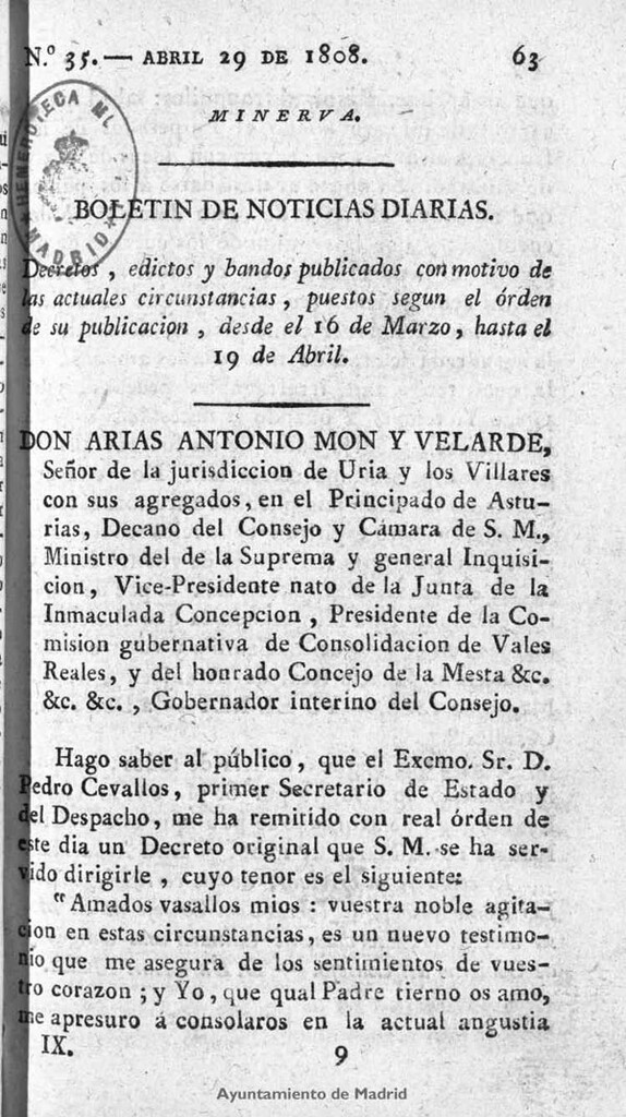 Miniatura de Minerva o el Revisor general. Nº 35, Abril 29 de 1808