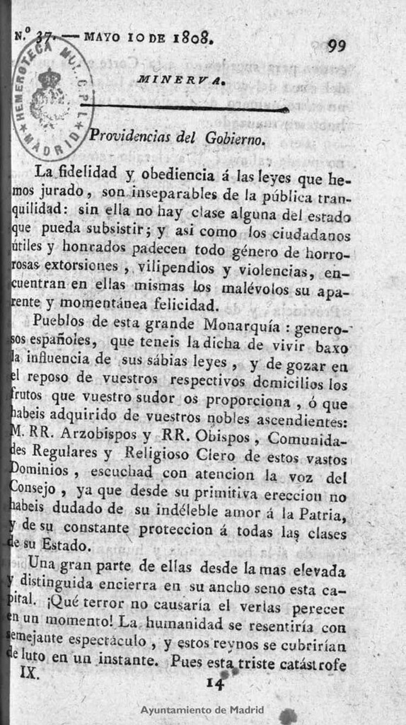 Miniatura de Minerva o el Revisor general. Nº 37, Mayo 10 de 1808