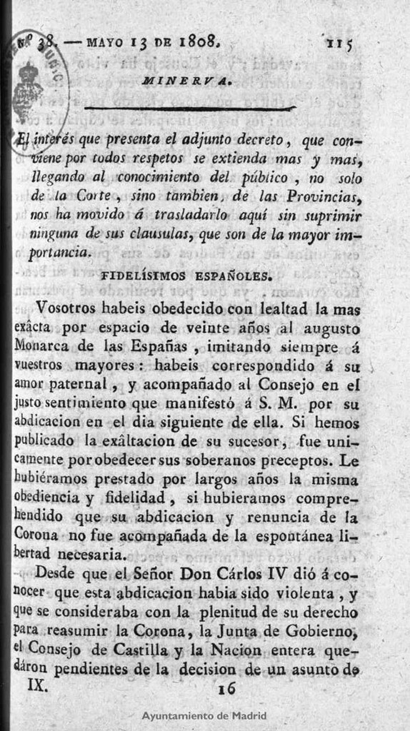 Miniatura de Minerva o el Revisor general. Nº 38, Mayo 13 de 1808