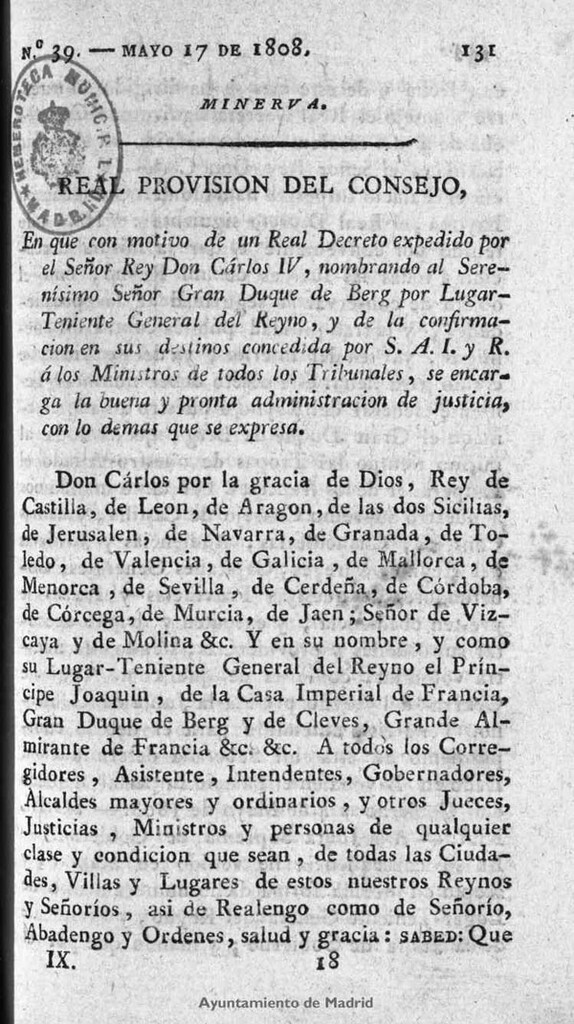 Miniatura de Minerva o el Revisor general. Nº 39, Mayo 17 de 1808