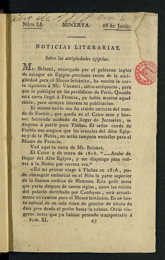 Miniatura de Minerva o el Revisor General del 18 de junio de 1818, nº 51