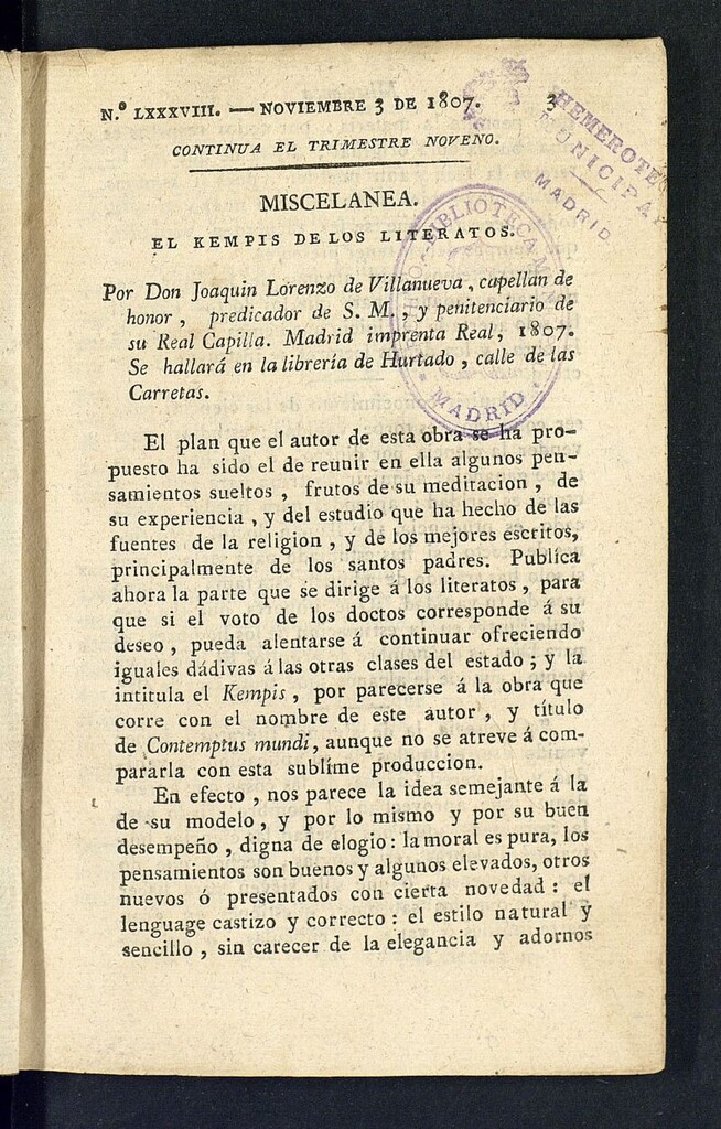 Miniatura de Minerva o el Revisor General del 3 de noviembre de 1807, nº 88