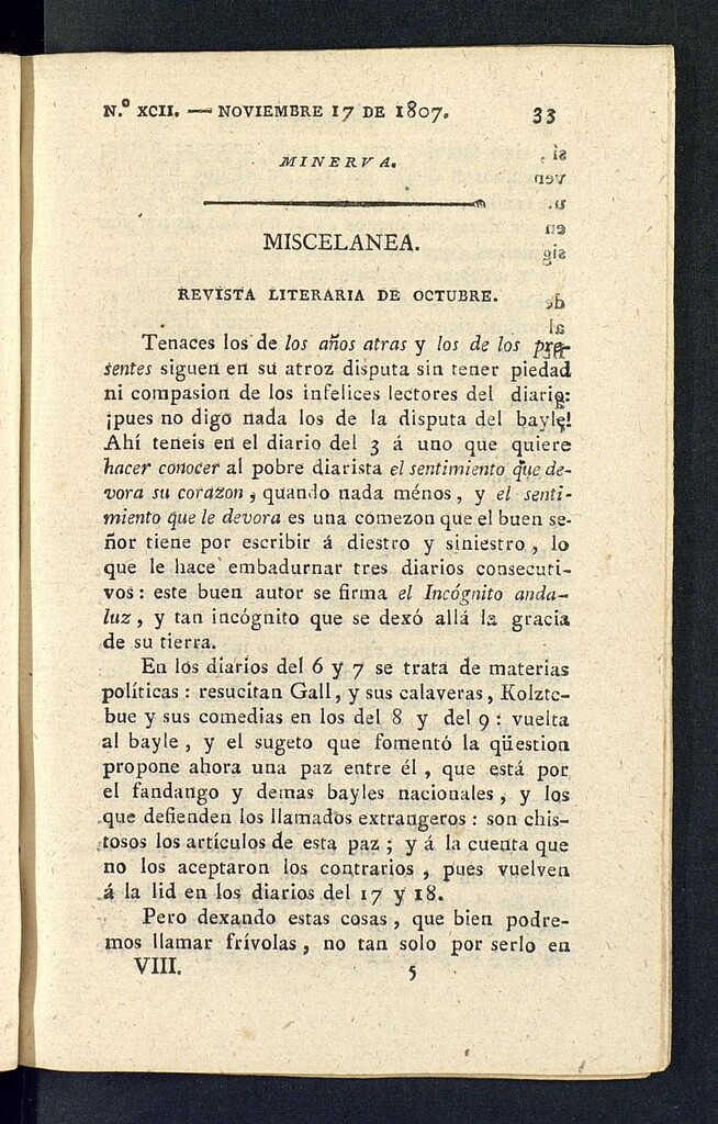 Miniatura de Minerva o el Revisor General del 17 de noviembre de 1807, nº 92