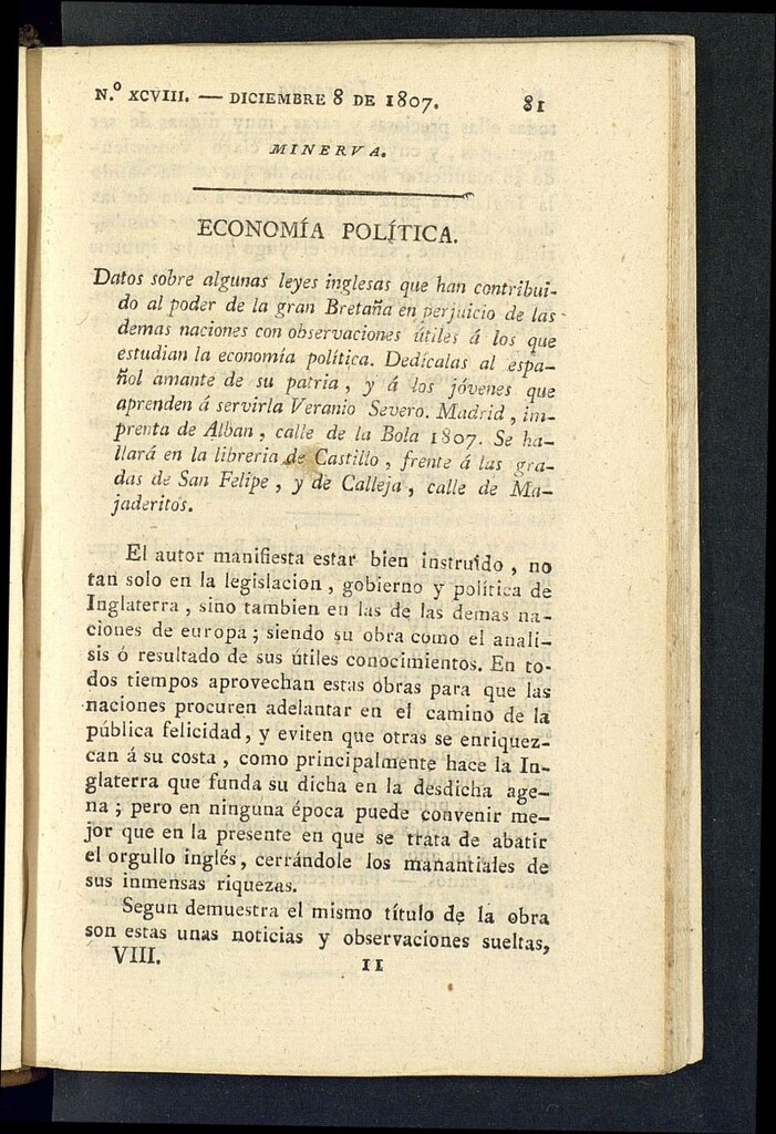 Miniatura de Minerva o el Revisor General del 8 de diciembre de 1807, nº 98