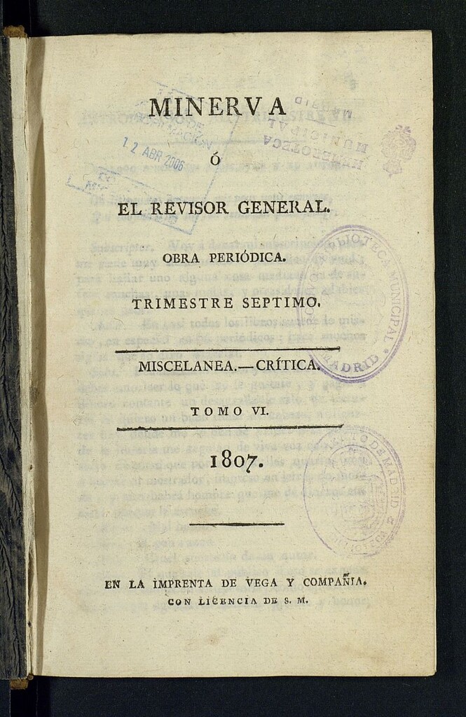 Miniatura de Minerva o el Revisor General 1807, Tomo VI