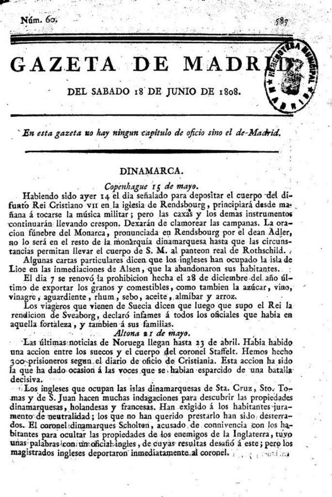 Miniatura de Gazeta de Madrid del Sábado 18 de Junio de 1808
