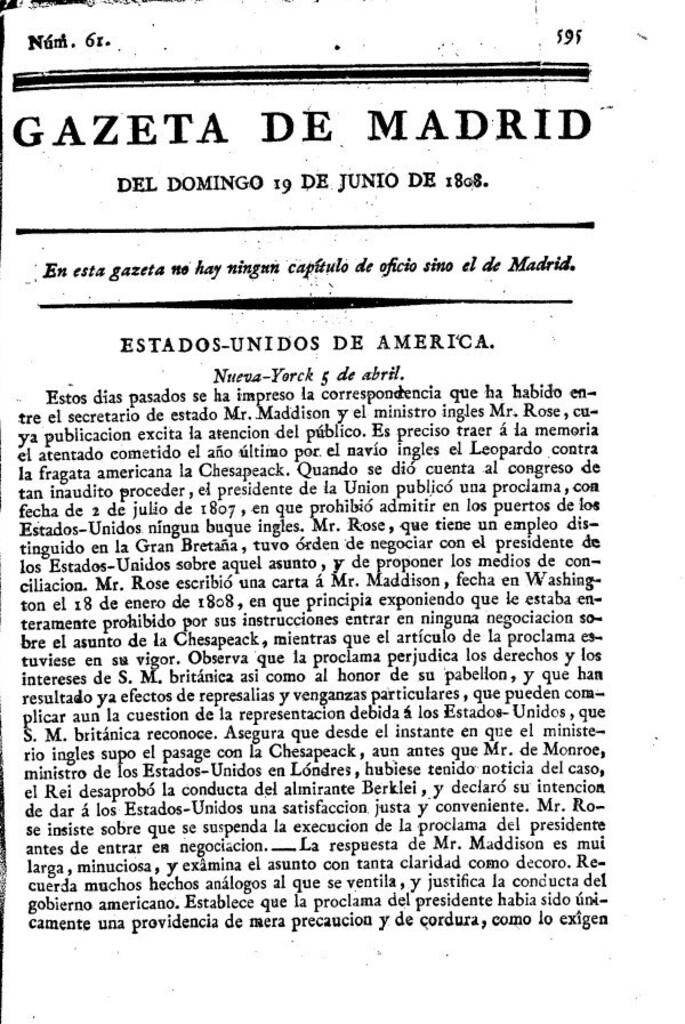 Miniatura de Gazeta de Madrid del Domingo 19 de Junio de 1808