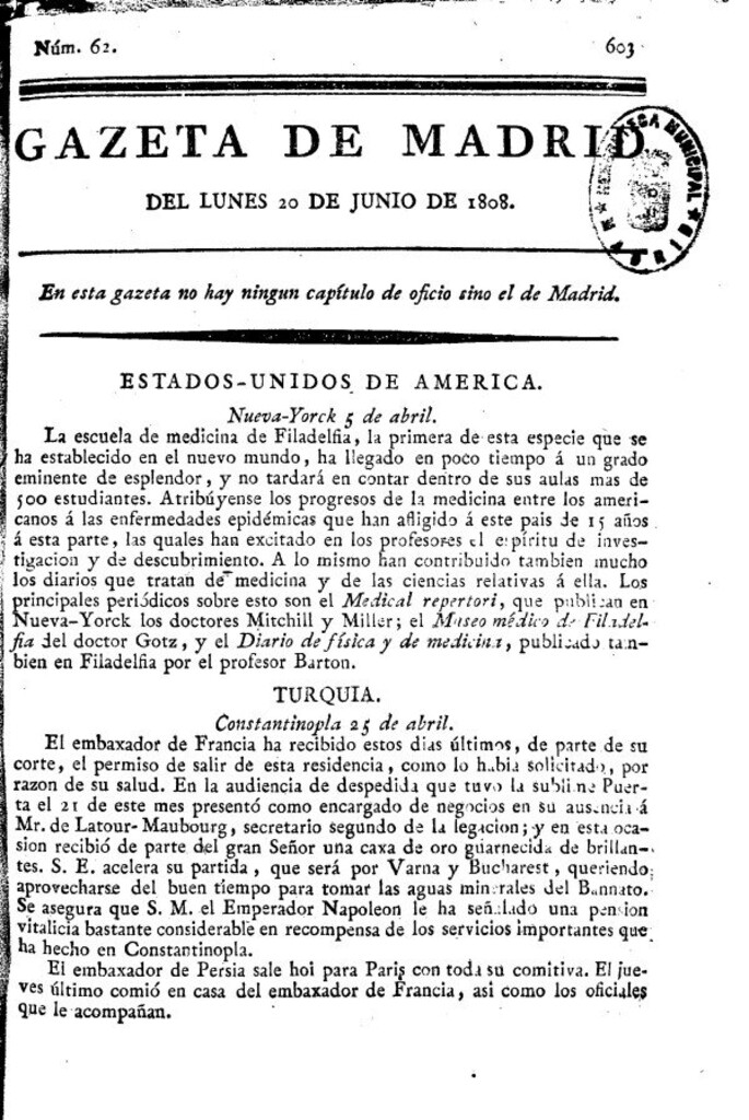 Miniatura de Gazeta de Madrid del lunes 20 de Junio de 1808