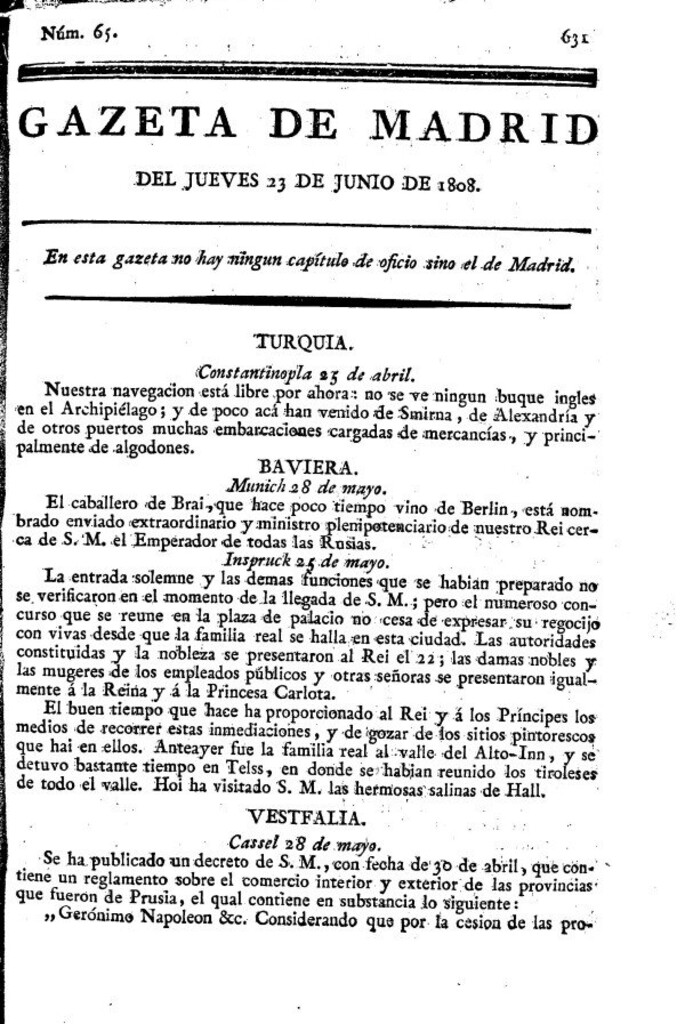 Miniatura de Gazeta de Madrid del Jueves 23 de Junio de 1808