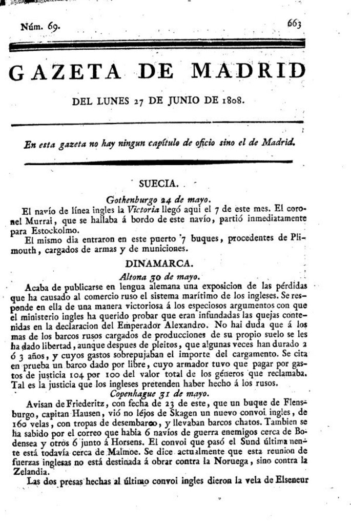 Miniatura de Gazeta de Madrid del Lunes 27 de Junio de 1808