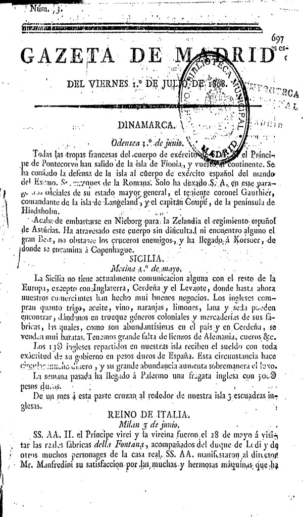 Miniatura de Gazeta de Madrid del Viernes 1 de Julio de 1808