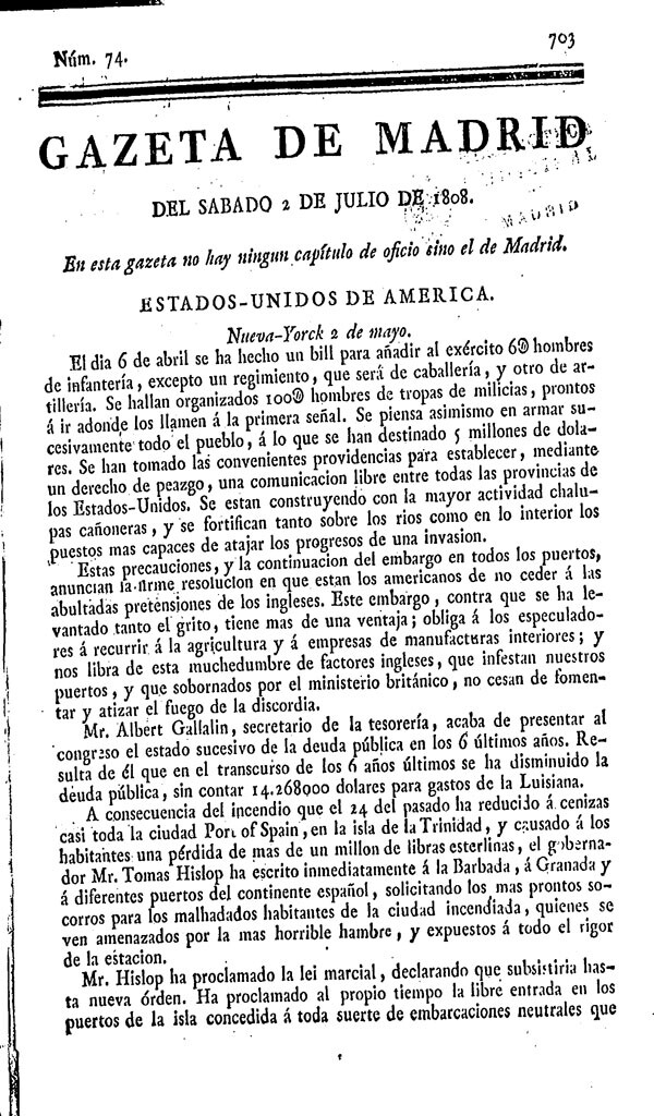 Miniatura de Gazeta de Madrid del Sábado 2 de Julio de 1808