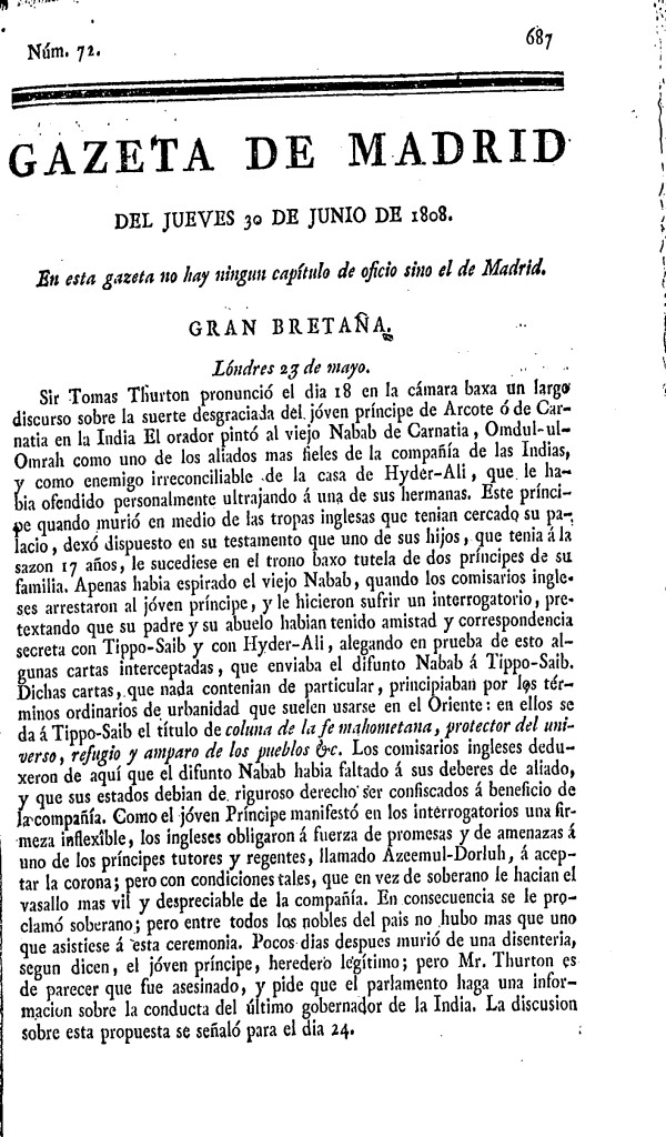 Miniatura de Gazeta de Madrid del Domingo 3 de Julio de 1808