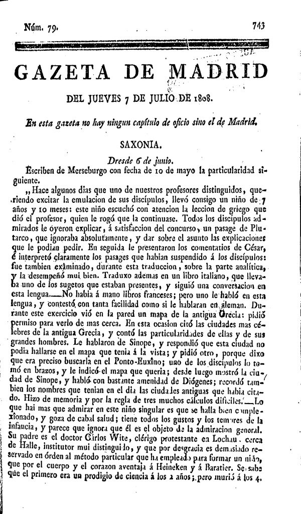 Miniatura de Gazeta de Madrid del Jueves 7 de Julio de 1808