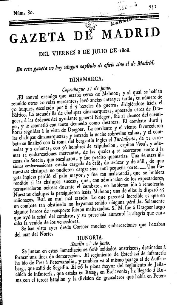 Miniatura de Gazeta de Madrid del Viernes 8 de Julio de 1808