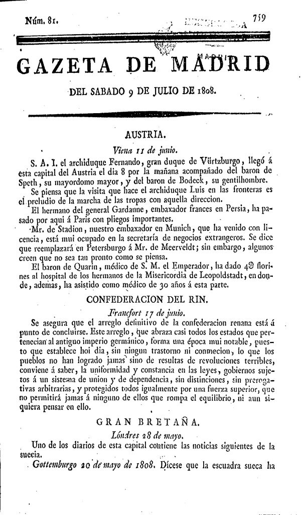 Miniatura de Gazeta de Madrid del Sábado 9 de Julio de 1808