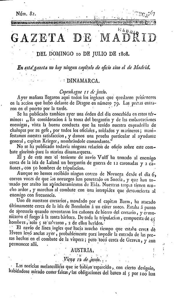 Miniatura de Gazeta de Madrid del Domingo 10 de Julio de 1808