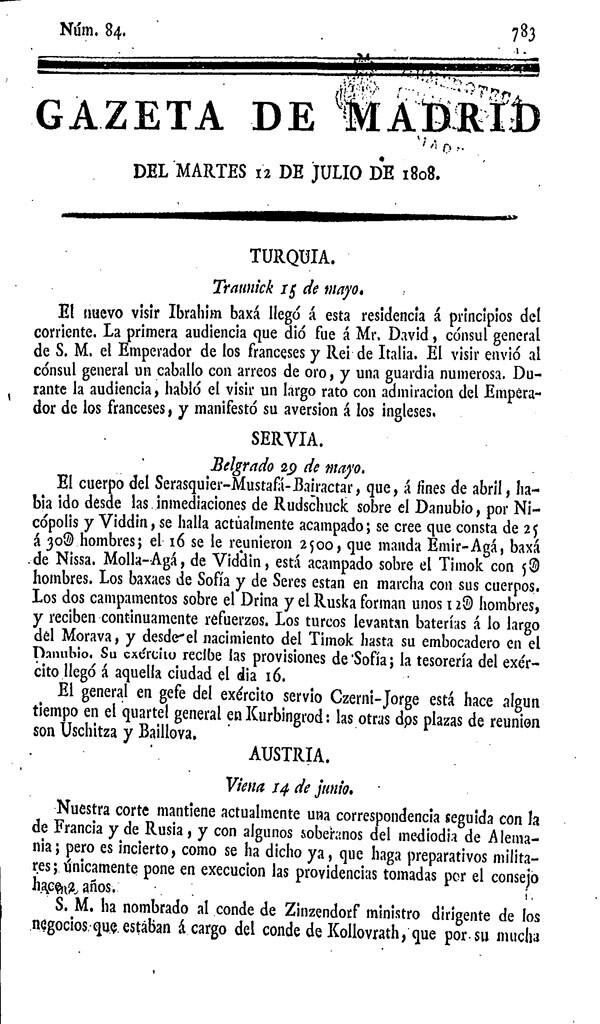 Miniatura de Gazeta de Madrid del Martes 12 de Julio de 1808