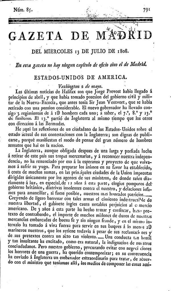 Miniatura de Gazeta de Madrid del Miércoles 13 de Julio de 1808