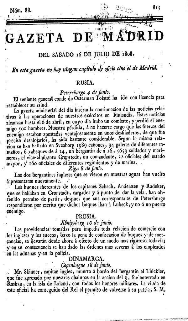 Miniatura de Gazeta de Madrid del sábado 16 de julio de 1808