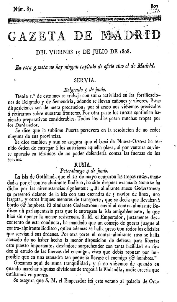 Miniatura de Gazeta de Madrid del viernes 15 de Julio de 1808